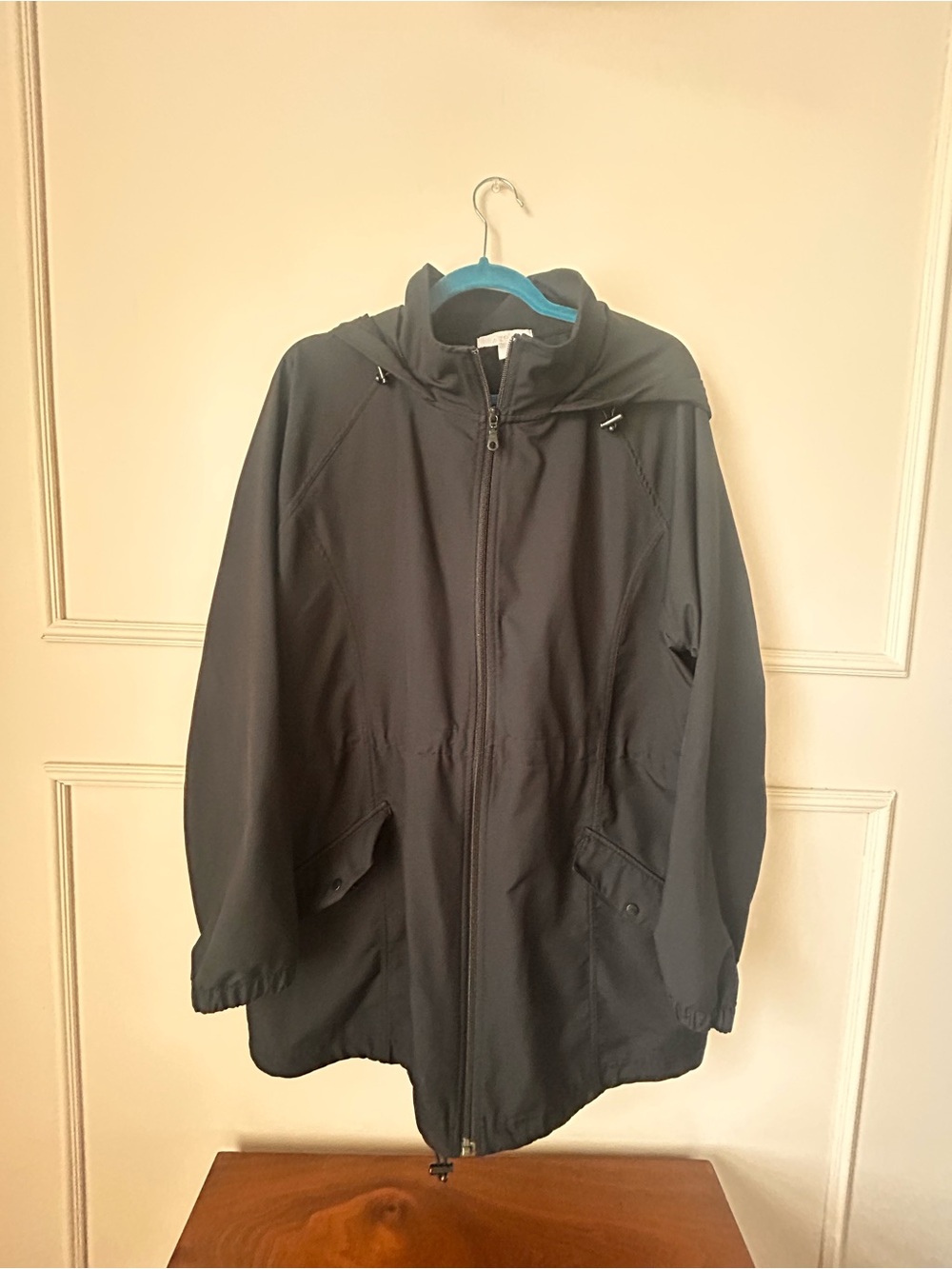 Zella Woman’s Black Hooded Raincoat - Full-Zip Lightweight Shell